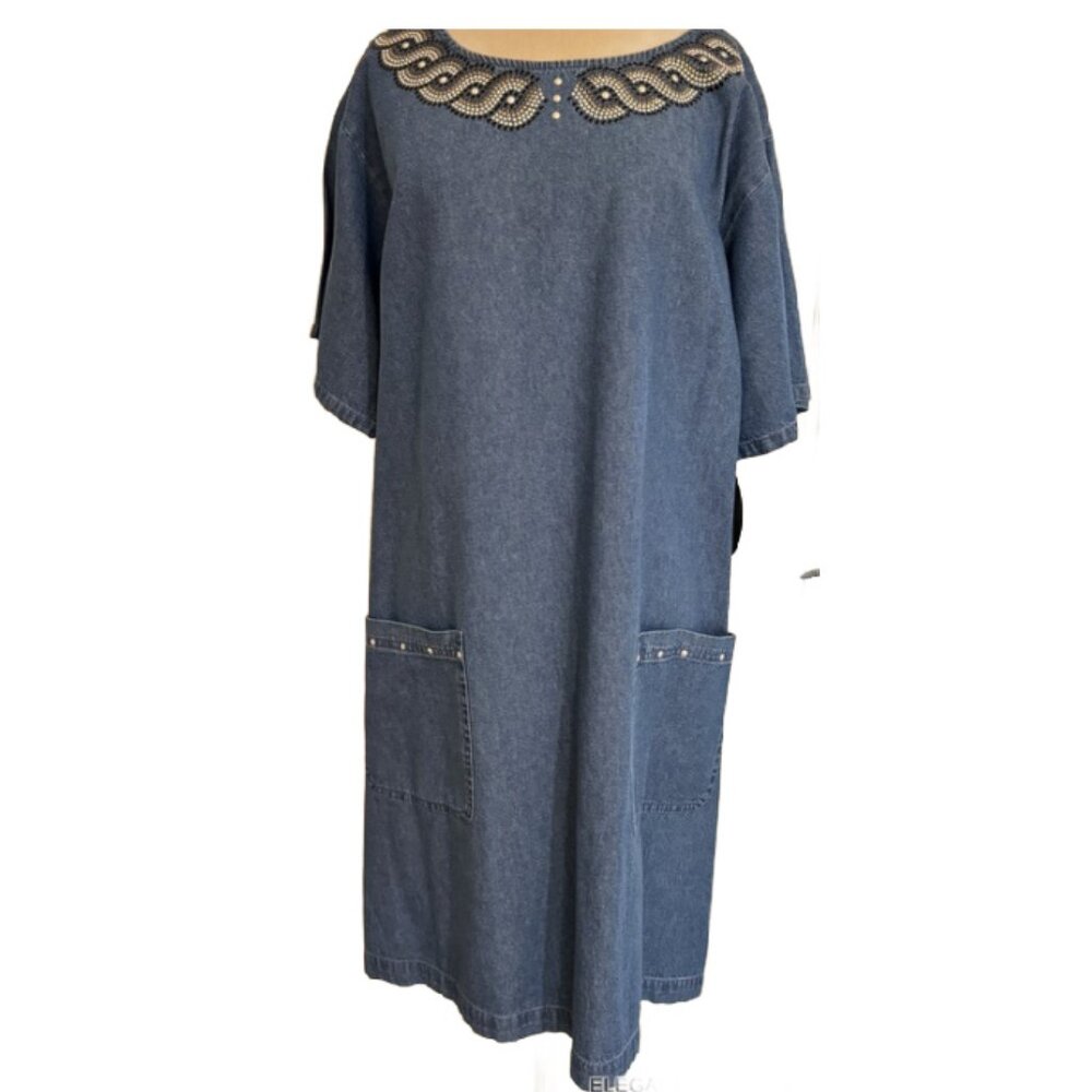TIA Womens Shift Denim Dress 2X Chambray Blue Studded Casual Beach Coastal